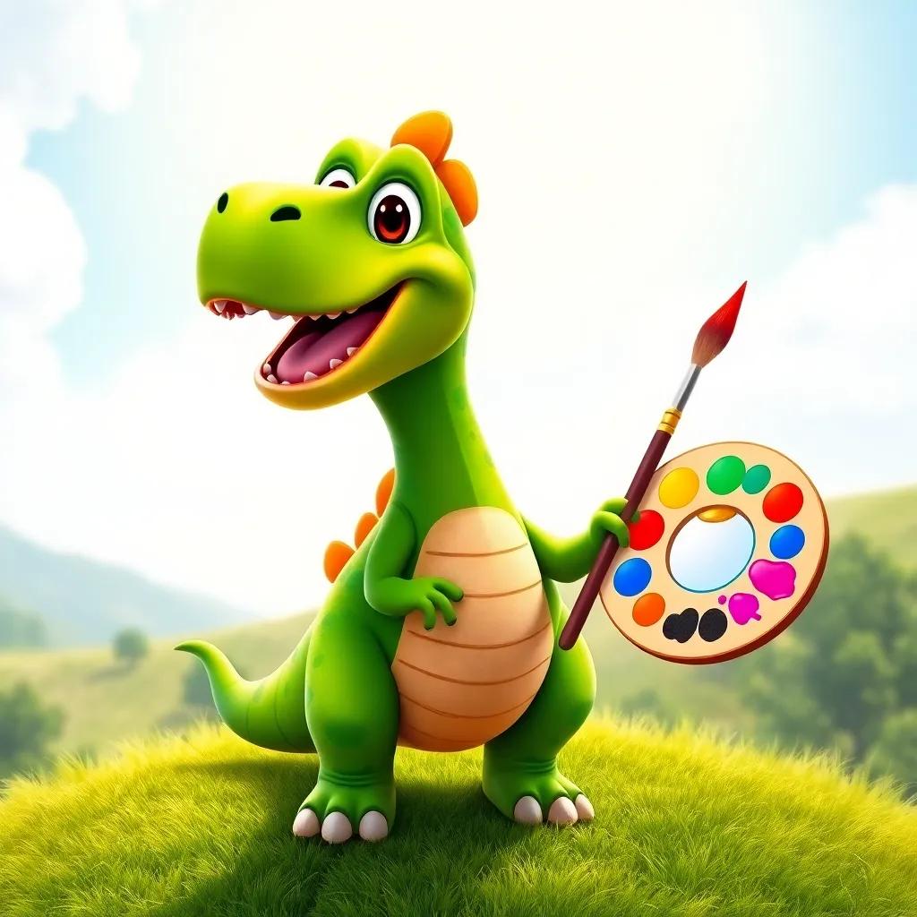 A friendly dinosaur, Dino, with a big smile and bright green scales, stands on a lush green hill holding a paintbrush with a colorful palette, bright sunny day, cheerful atmosphere, digital art, vibrant colors, inviting scene, high quality