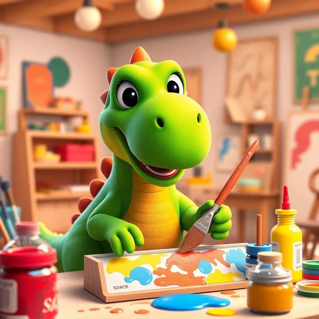 Dino, the big green dinosaur, excitedly dipping his brush into a box of colorful paints, surrounded by sparkly red, blue, and yellow colors, in a whimsical art studio, cheerful lighting, child-friendly, high quality