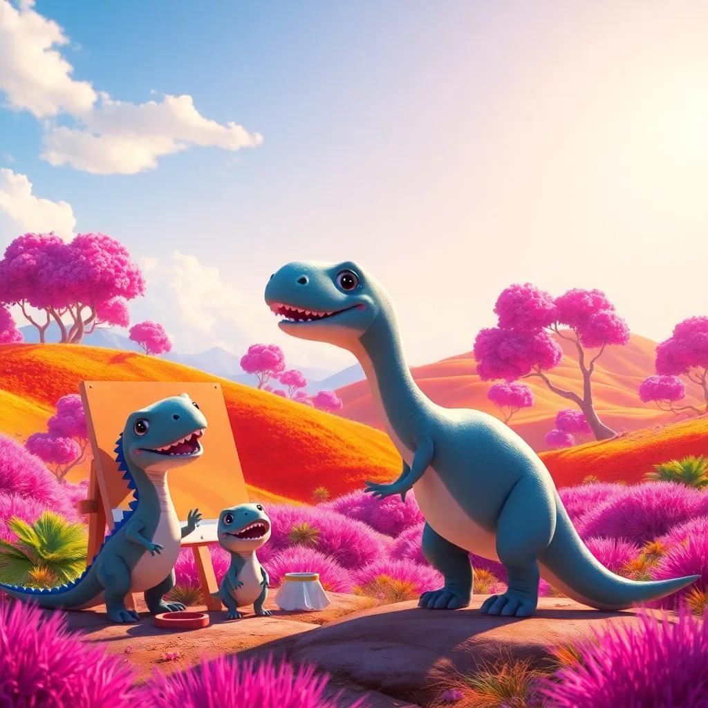 Dino painting bright orange hills and pink trees, with his friends watching in amazement, a beautiful landscape filled with vivid colors, joyous expressions, bright sunlight, vibrant and colorful, animated art, high quality