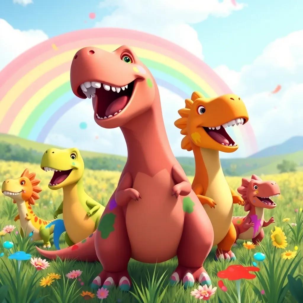 A group of dinosaurs, led by Dino, laughing and painting together, splashing colors joyously in a meadow, creating a rainbow in the sky, dynamic and cheerful mood, child-friendly illustration, high quality