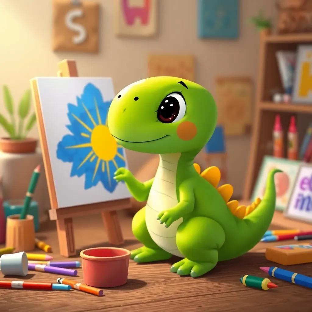 Bella, a small dinosaur with bright green scales, showing her blue sun painting to her friends, colorful art supplies scattered around, lively and enthusiastic atmosphere, whimsical colors, animated style, high quality