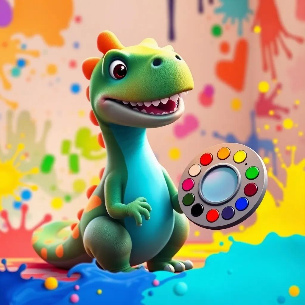 Dino explaining colors and feelings to his friends while holding a rainbow palette, surrounded by colorful paint splashes, focused and fun, vibrant environment, playful art style, high quality