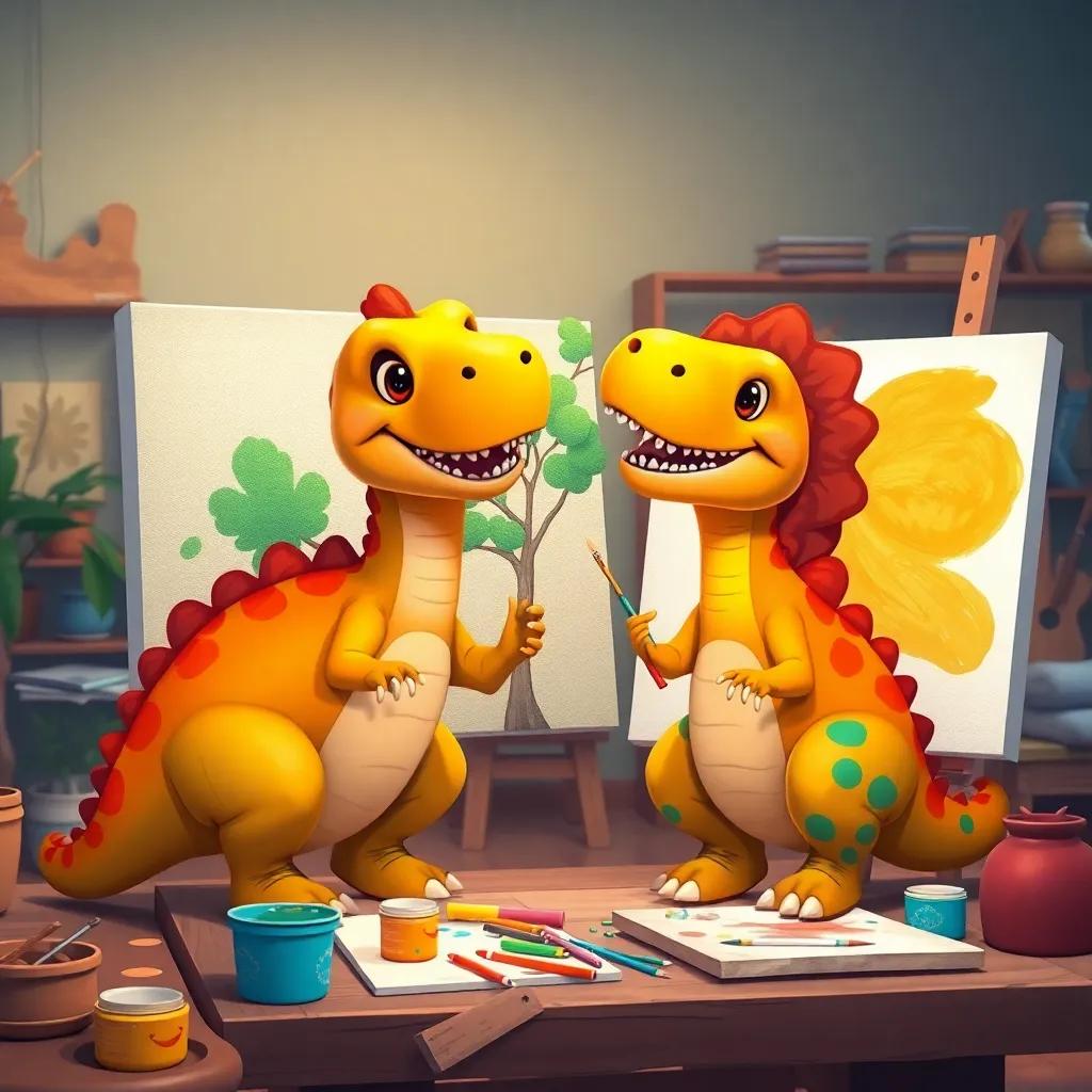 Dinosaurs, painting their emotions on large canvases: Leo with a green tree, Mia with a happy yellow face, creativity flourishing in a workshop, warm and supportive vibe, colorful and bright illustration, high quality