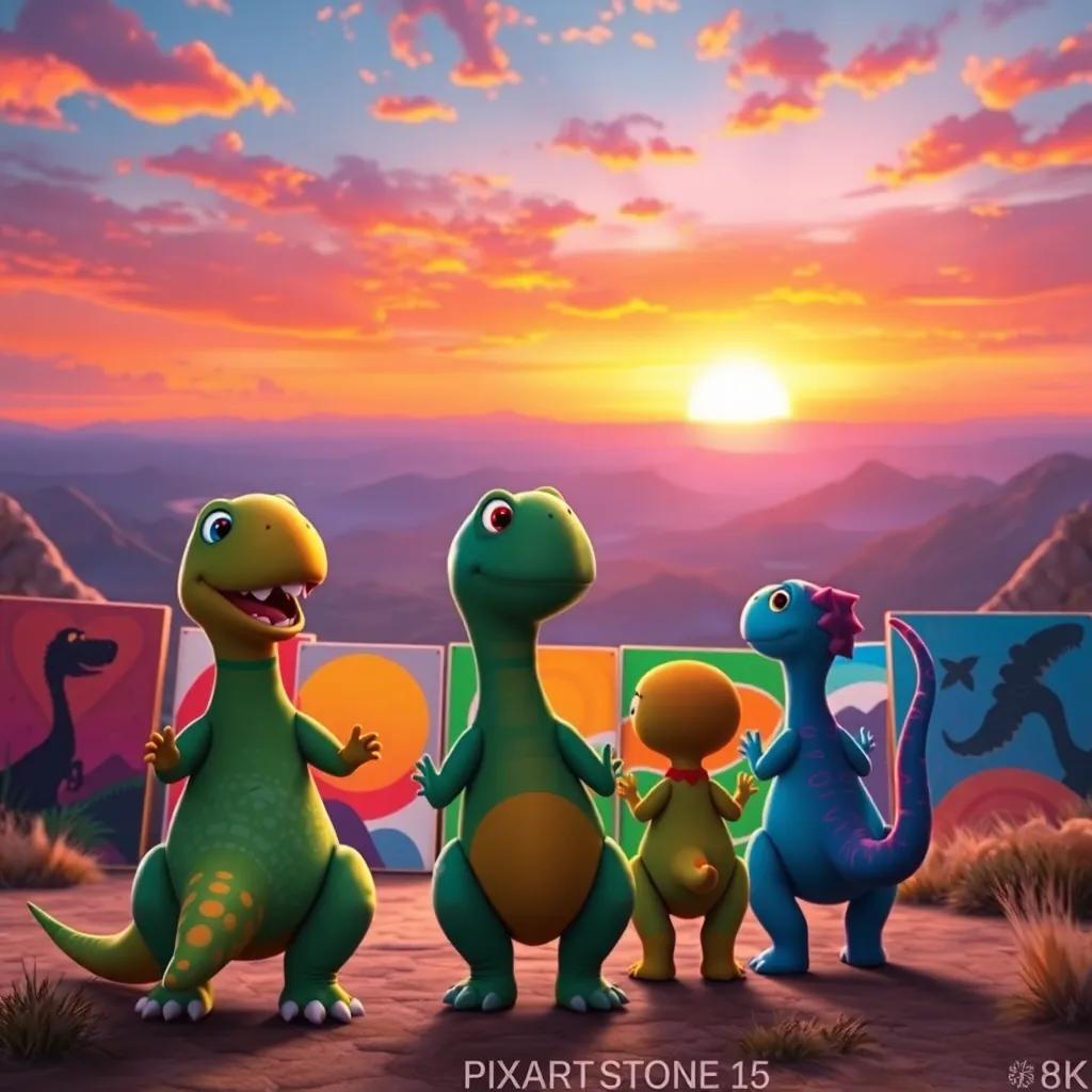 Dino and his friends stepping back to view their colorful murals, surrounded by a stunning sunset sky filled with orange, pink, and purple hues, proud and excited expressions, picturesque scene, vibrant and dreamy atmosphere, high quality