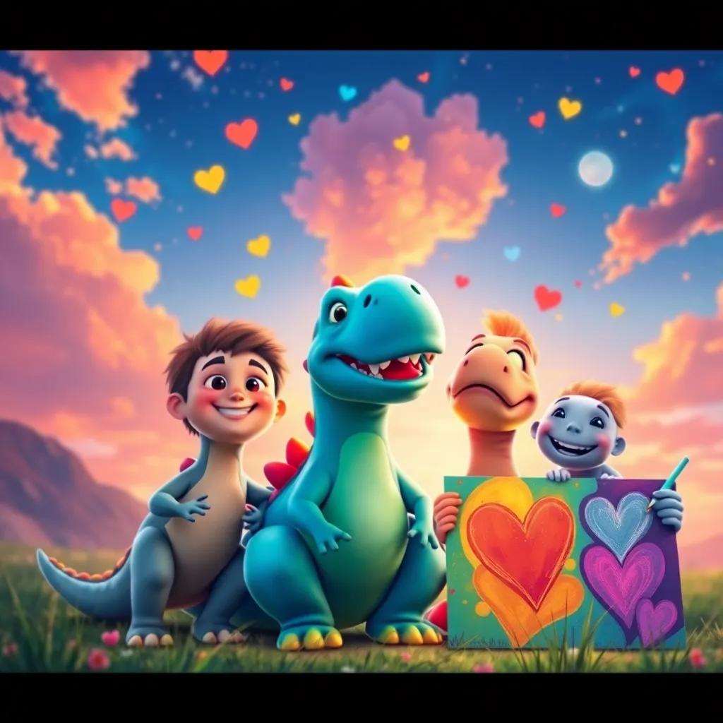 A heartwarming scene of Dino with his friends smiling and posing under their colorful sky, celebrating creativity, a close-up of their artwork showcasing bright colors and heartwarming designs, happy and joyful vibe, colorful, high quality