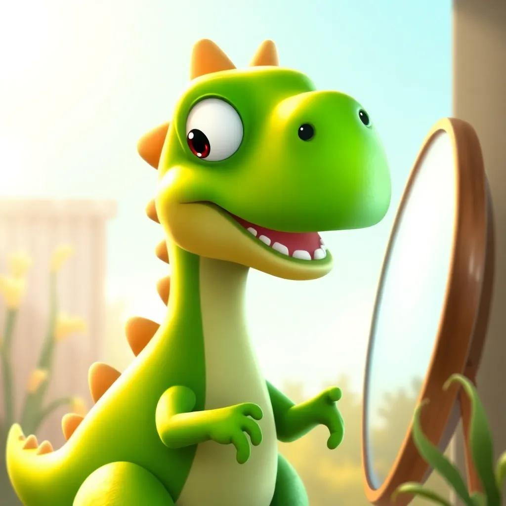 A sturdy green dinosaur, Dino, with big eyes, looking in a mirror, feeling nervous, bright morning light, cheerful atmosphere, child-friendly, fantasy art, high quality