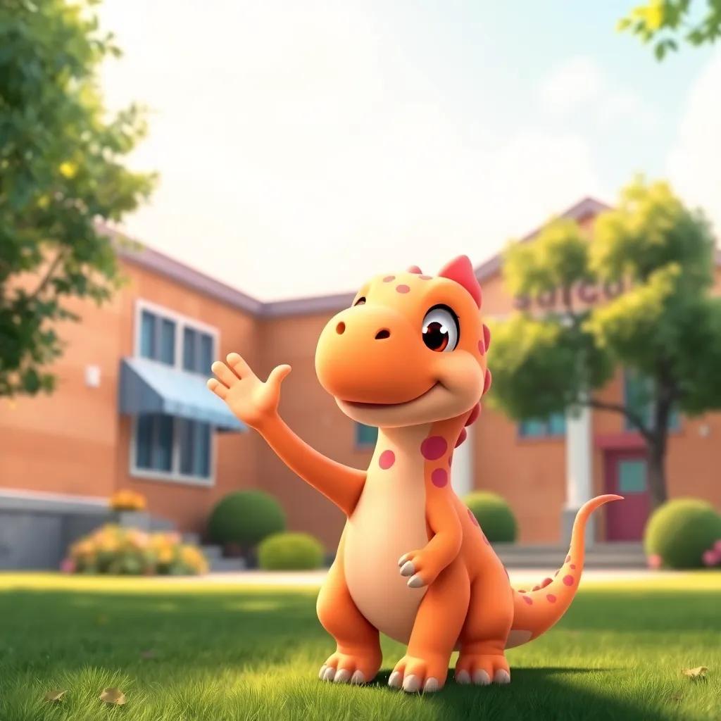 A small pink-spotted dinosaur, Tina, waving to Dino, outside a sunny school, trees swaying in a gentle breeze, friendly expression, vibrant colors, vibrant and inviting