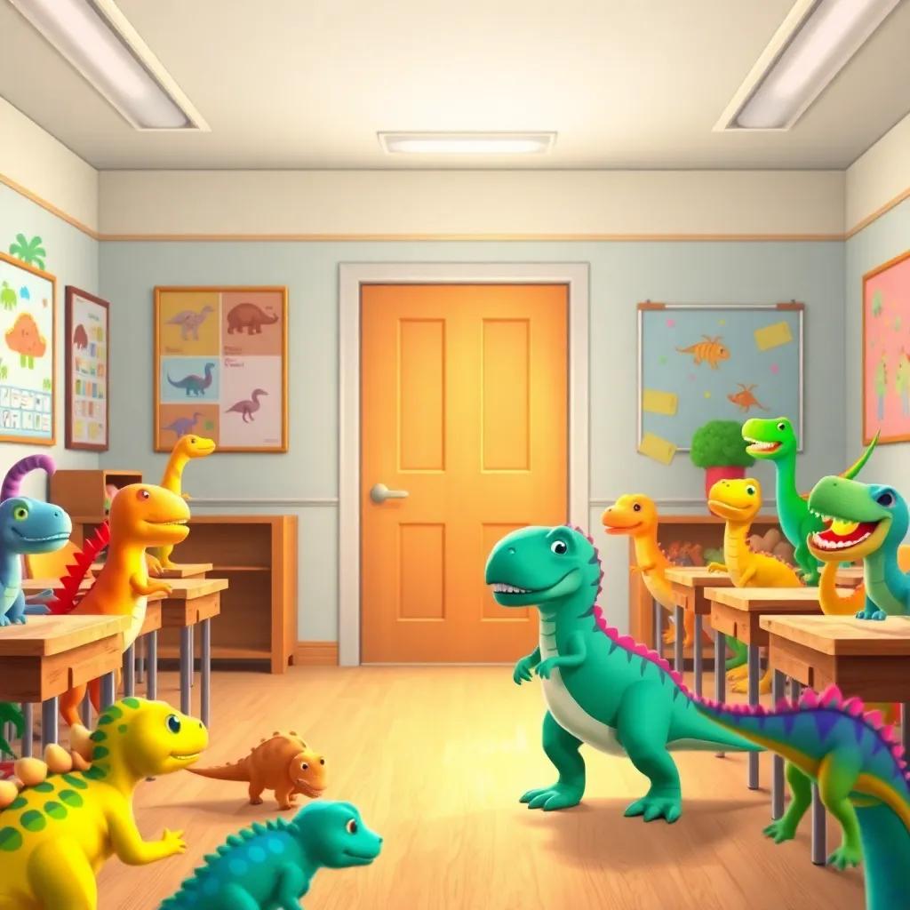 A classroom full of colorful dinosaurs, Dino standing shyly by the door, bright posters on the walls, Mr. Rex, a friendly t-rex teacher, welcoming him, child-friendly, warm light