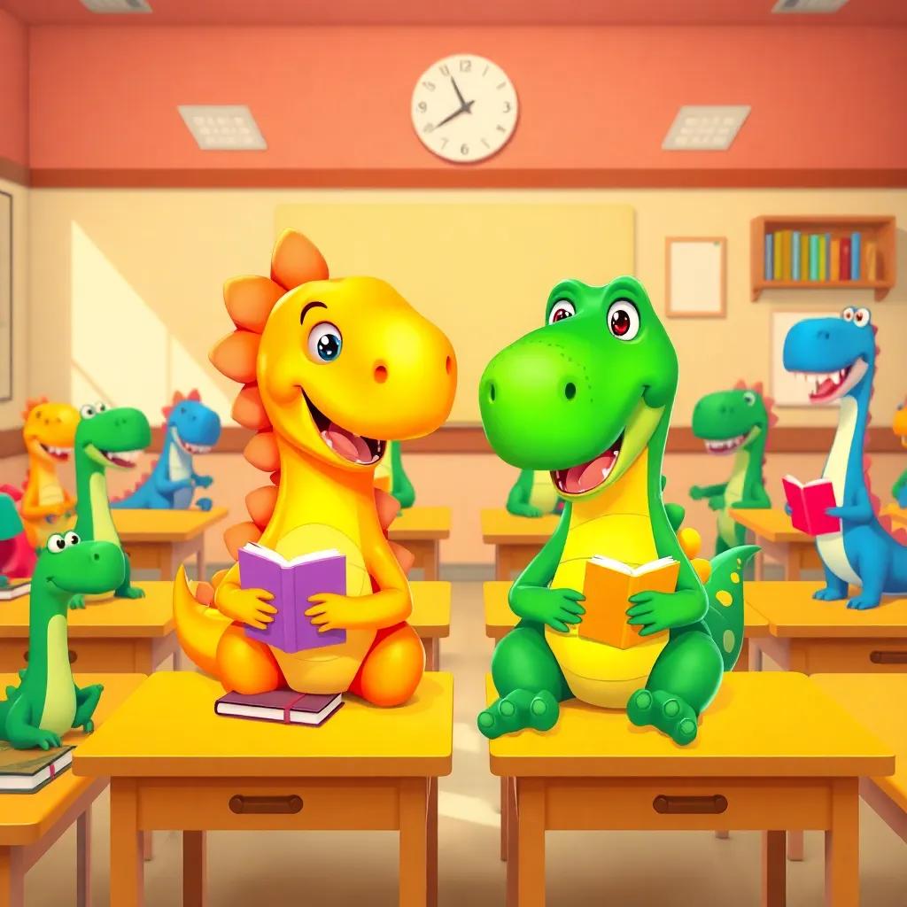 Dino and Tina sitting in class, surrounded by cheerful dinosaur classmates, bright desks and colorful books, joyful atmosphere, colorful illustration, child-friendly