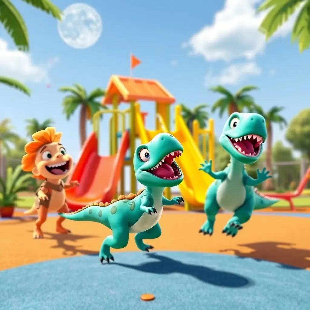 Dino and friends playing Dino Tag on a sunny playground, laughter and excitement all around, colorful slides and swings, action-packed, vibrant colors
