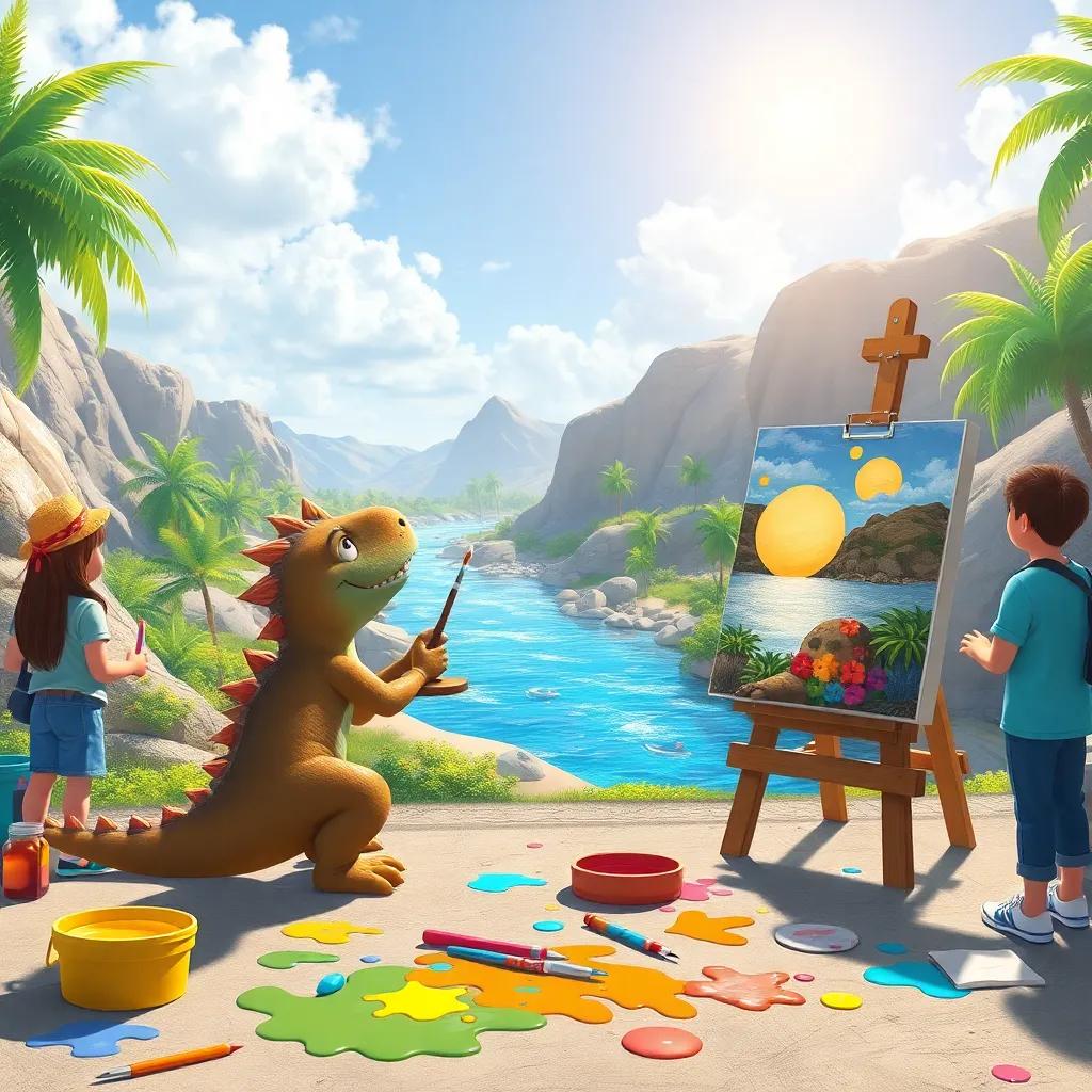 Dino painting a bright picture of a sunny river, with friends admiring his artwork, colorful paints scattered, creative atmosphere, cheerful and inspiring