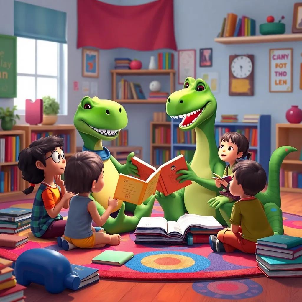 Mr. Rex reading a story to Dino and class, sitting together on a colorful rug, books abound, excitement on their faces, charming classroom, inviting environment