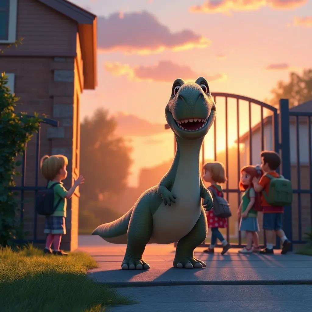 Dino looking shy but happy, waving goodbye to his friends at the school gate, sunset casting warm light, capturing the joy of new friendships, heartwarming