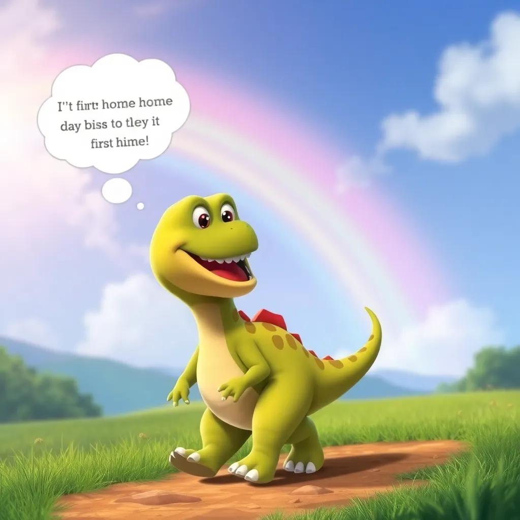 Dino walking home with a big smile, thinking about his first day, a beautiful rainbow in the sky, feeling content and hopeful, cheerful vibe, colorful scenery