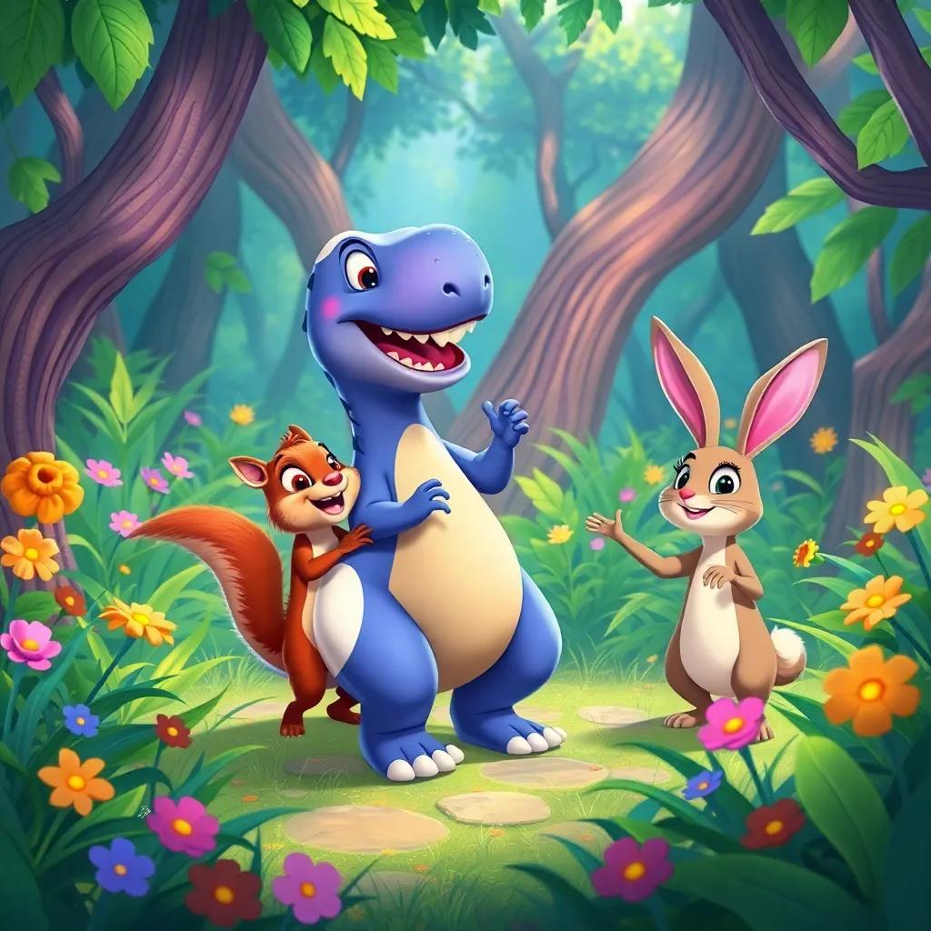 Dino inviting animal friends, Sammy the squirrel and Lily the rabbit, to a dance party in a vibrant forest, filled with greenery and colorful flowers, lively illustration, playful mood, exciting scene, high quality
