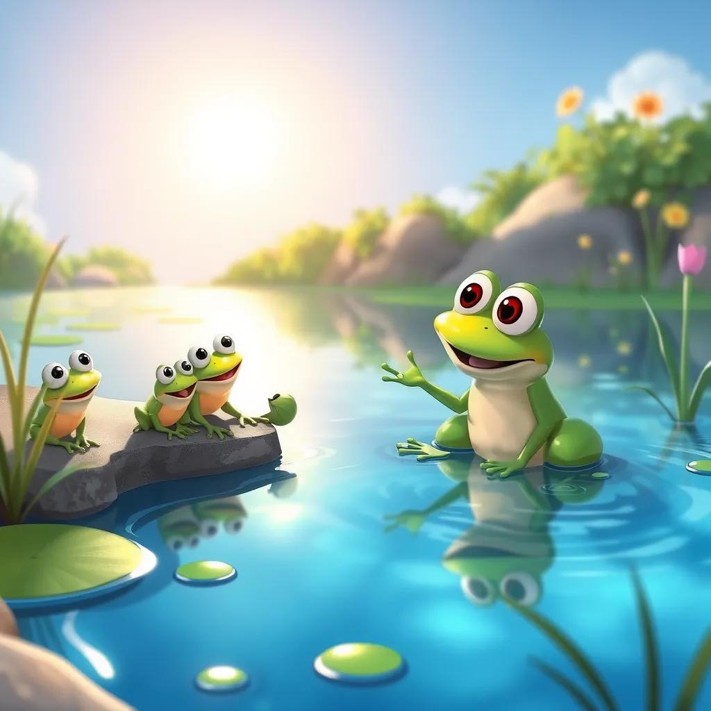 Dippy, encouraging a brave frog at the edge of the pond, bright sun shining, frogs looking excited, colorful environment, illustration, friendly, inviting setting