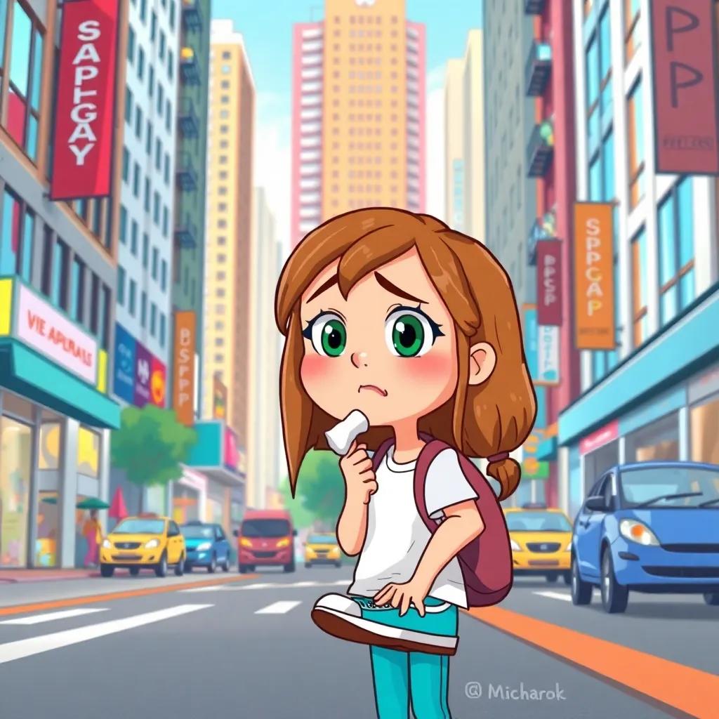 A bustling city street with tall buildings, Sarah, a young girl with brown hair, looking disappointed while chewing gum that's stuck to her shoe, digital art, colorful, lively atmosphere, high quality