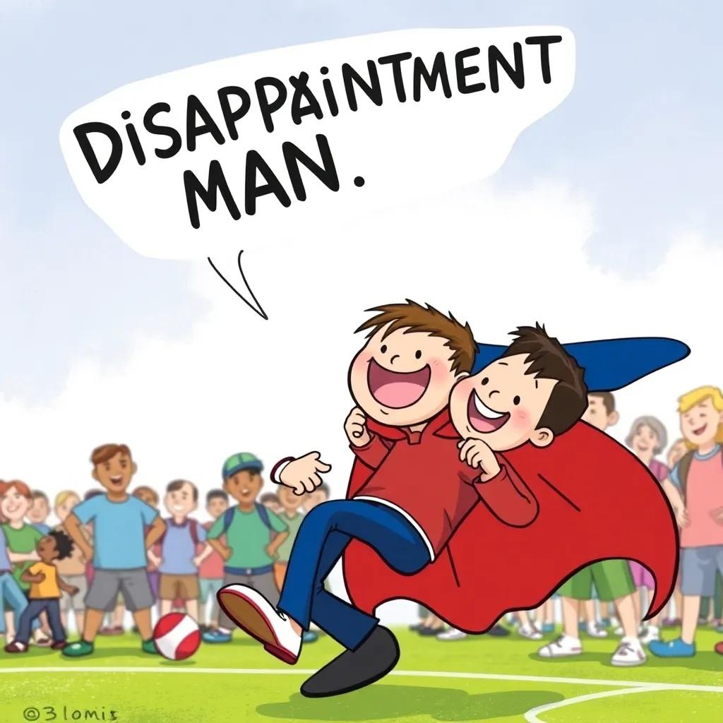 Disappointment Man, a comical superhero with a cape, laughing maniacally as he trips a boy named Tom during a game, surrounded by a playful crowd, bright colors, cartoonish style, cheerful, humorous