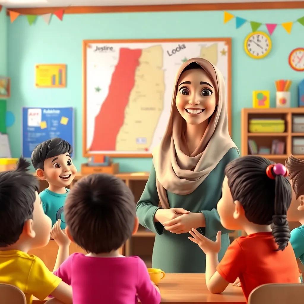 A vibrant classroom with a large map of Palestine on the wall, colorful decorations, a caring teacher Fatima, a young Arab woman wearing a modest dress, with a warm smile, engaging with excited children, digital art, bright colors, lively atmosphere, high quality