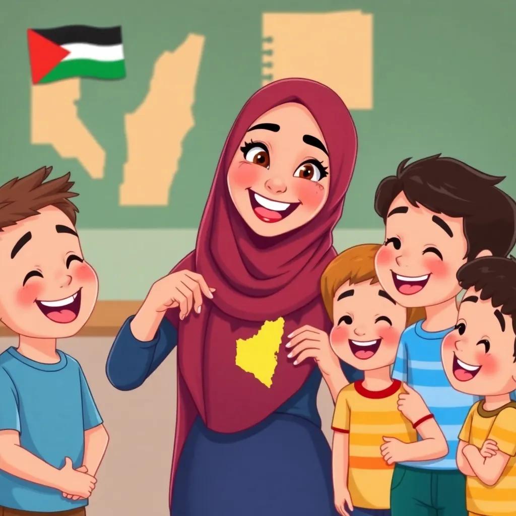 A joyful teacher Fatima, a young Arab woman, pointing at the map of Palestine, surrounded by happy children, with a big smile, everyone looking eager to learn, illustration, cheerful, engaging, child-friendly