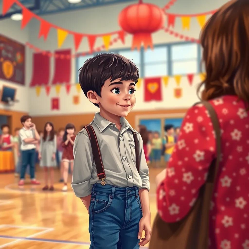 A young boy, Rafael, a Portuguese boy with short, dark hair, wearing a casual shirt and jeans, looking warmly at Maria during a school event in a decorated gym, soft lighting, vibrant decorations, illustration, heartwarming moment, high quality