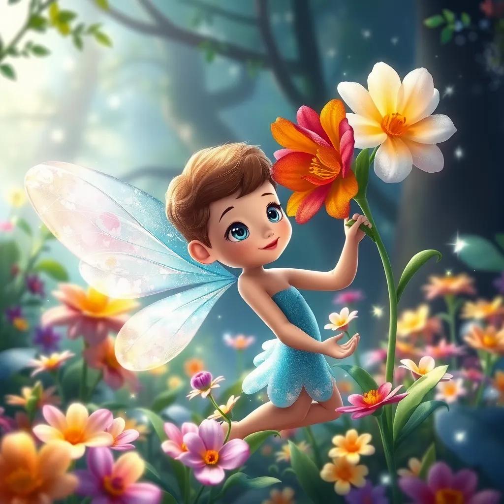 A tiny fairy with delicate shimmering wings, with flowers around her, pleading for help from Domir who is lifting a colorful flower, surrounded by magical sparkles in a vibrant forest, illustration, cheerful and enchanting, child-friendly, mystical atmosphere
