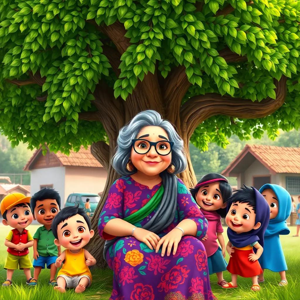 A wise woman, Dona Safira, with gray hair, wearing a colorful dress and glasses, sitting under a large green tree, surrounded by curious children in a small village, vibrant colors, inviting atmosphere, joyful expression, playful style, high quality
