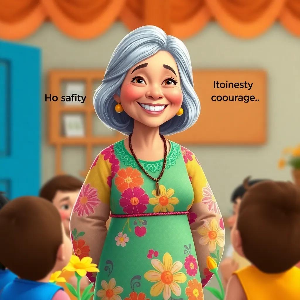 Dona Safira, a wise woman with gray hair in a colorful dress, smiling as she stands in front of the children, explaining virtues like honesty and courage, with bright flowers around her, detailed illustration, cheerful, educational setting, high quality