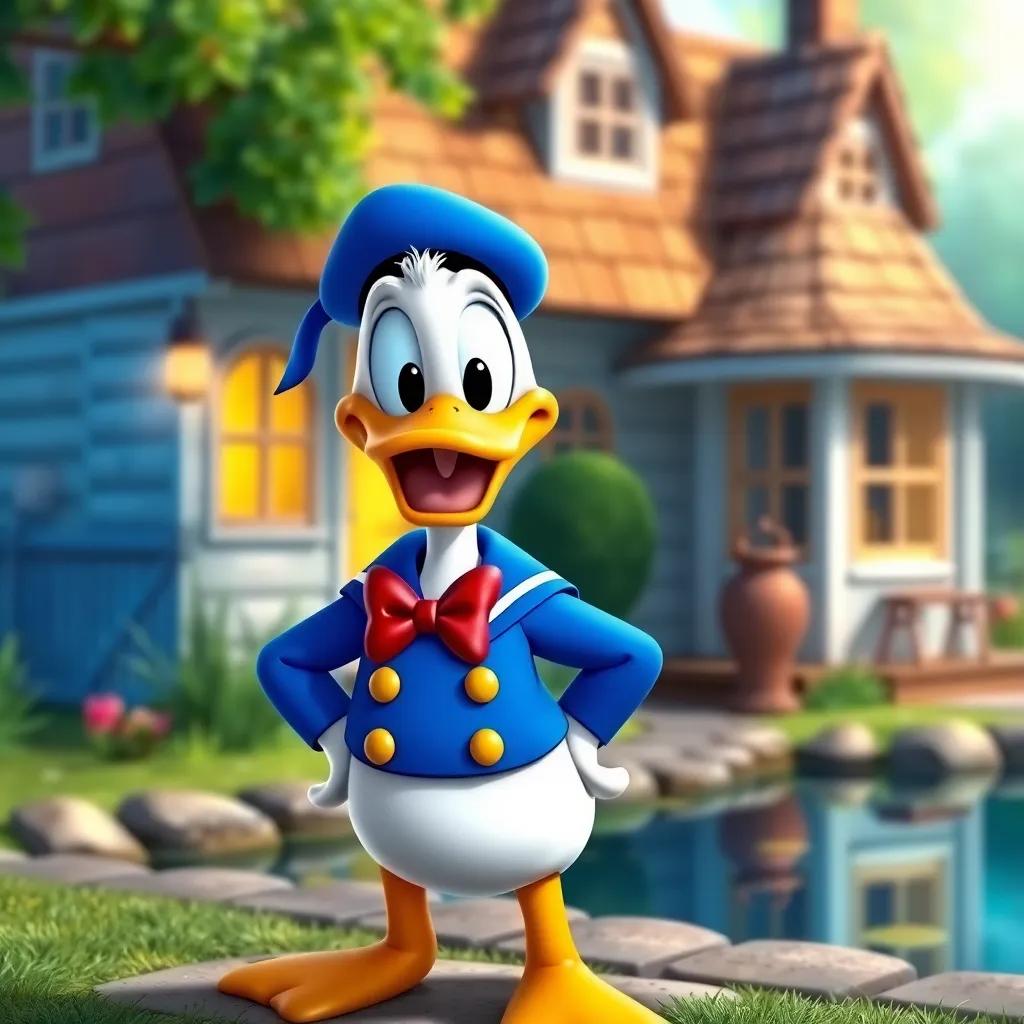 A cheerful duck named Donald, with a blue sailor suit and a red bow tie, standing in front of a cozy house by a pond, bright colors, warm light, inviting atmosphere, cheerful scene, high quality