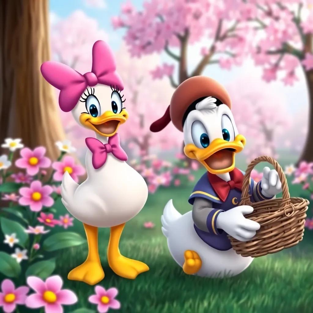 Daisy, a happy female duck with a pink bow, and Donald Duck smiling and holding a picnic basket, surrounded by blooming flowers and trees, colorful, vibrant, magical environment, child-friendly