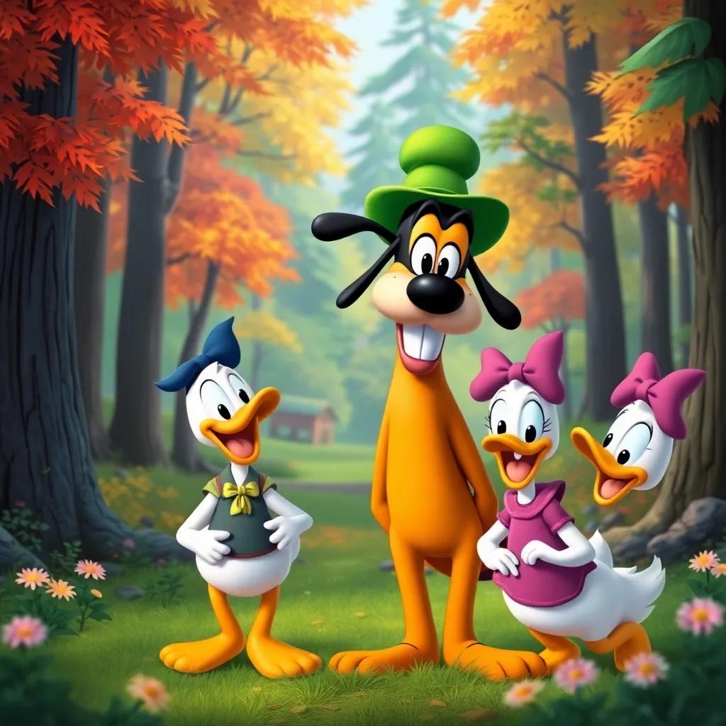 Goofy, a tall cartoon dog with a green hat, joining Donald and Daisy, with laughter in the forest, playful expressions, colorful trees and flowers, cheerful, adventure-themed, high quality