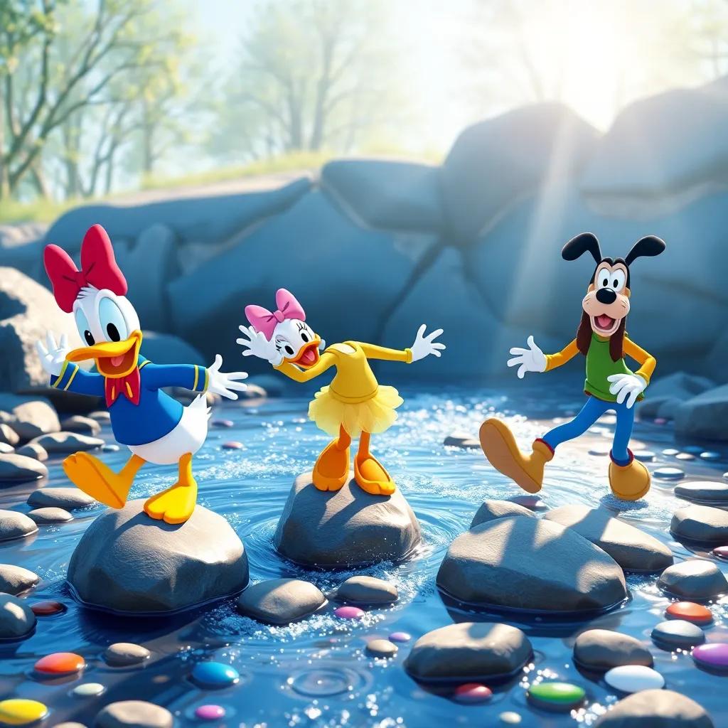 The trio of friends, Donald, Daisy, and Goofy, skipping rocks at a sparkling stream, bright playful atmosphere, colorful stones, happy expressions, digital art, child-friendly