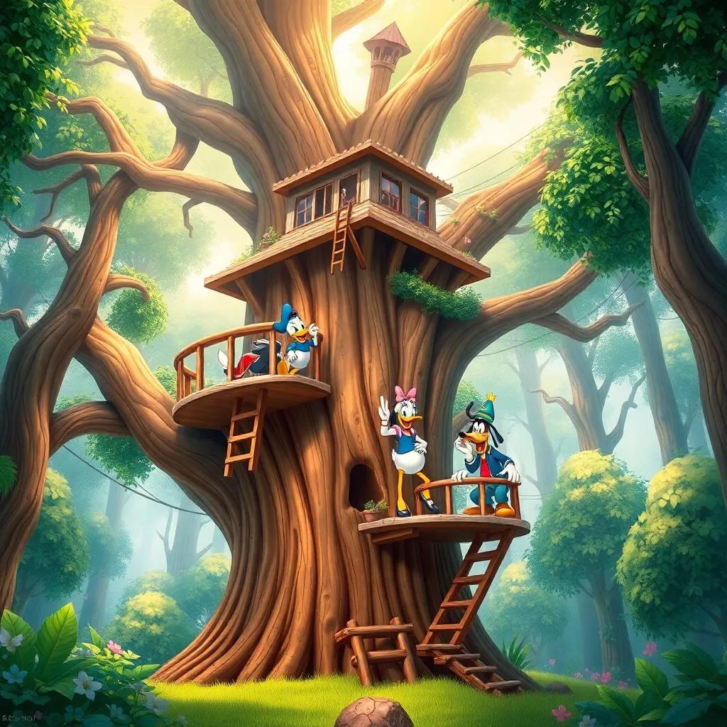 A giant treehouse in a magical forest with Donald, Daisy, and Goofy climbing the ladders, vibrant colors, whimsical design, child-friendly, fantasy scene, high quality