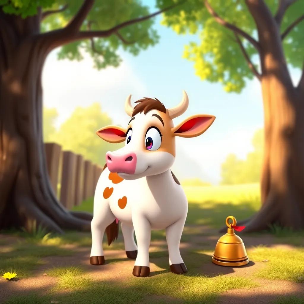 Clarabelle, a friendly cow, with a worried look, in a sunny clearing asking Donald and friends about her lost bell, warm light, cheerful environment, playful and cute