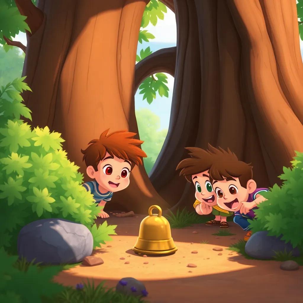 The friends searching for the lost bell, looking under bushes and around a big tree, animated expressions, bright colors, child-friendly adventure