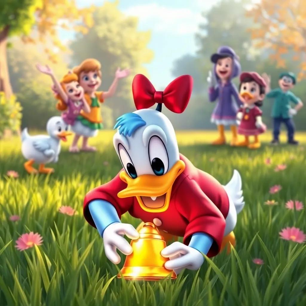 Donald finding a shiny bell in the grass with his friends cheering in the background, colorful scene, joyful atmosphere, high quality, digital art