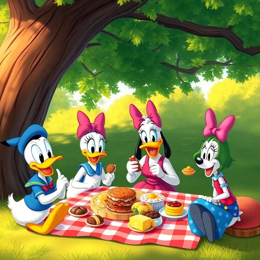 A picnic scene with Donald, Daisy, Goofy, and Clarabelle enjoying tasty treats under a big tree, vibrant colors, happy expressions, inviting atmosphere, high quality