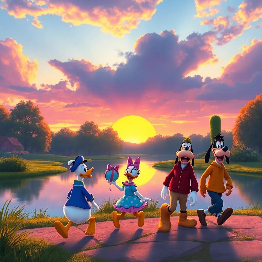A beautiful sunset over the pond as Donald, Daisy, and Goofy walk back home, with colorful sky, warm light, cheerful atmosphere, digital art, high quality