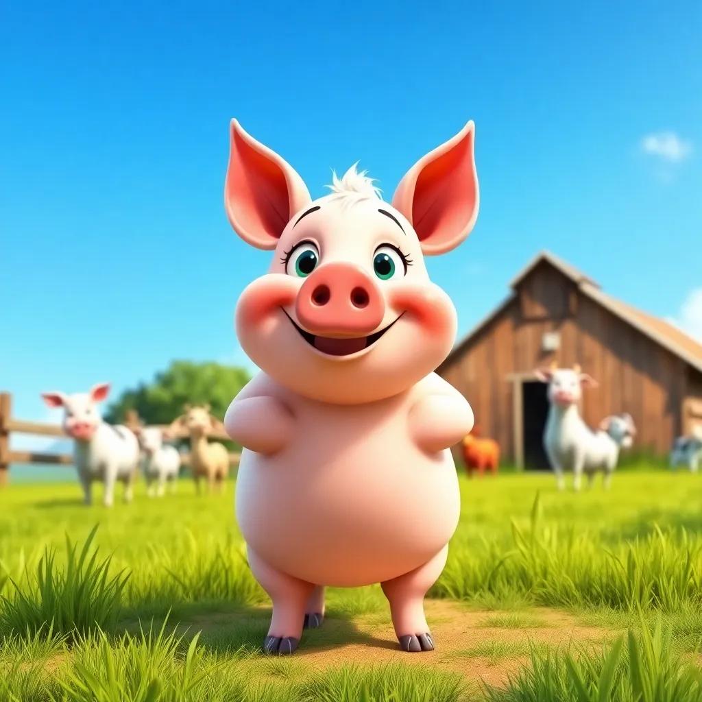 A cheerful pig named Donald, with a big smile, standing in a small farm surrounded by green grass, blue sky, and a few farm animals in the background, digital art, bright colors, cheerful atmosphere, high quality