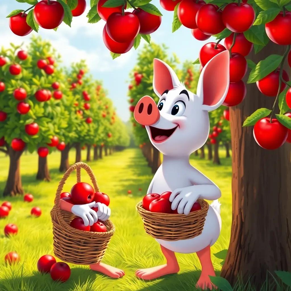 Donald the pig happily picking shiny red apples from a tall apple tree in an orchard, with a basket in his hand filled with apples, digital art, vibrant colors, sunny day, high quality