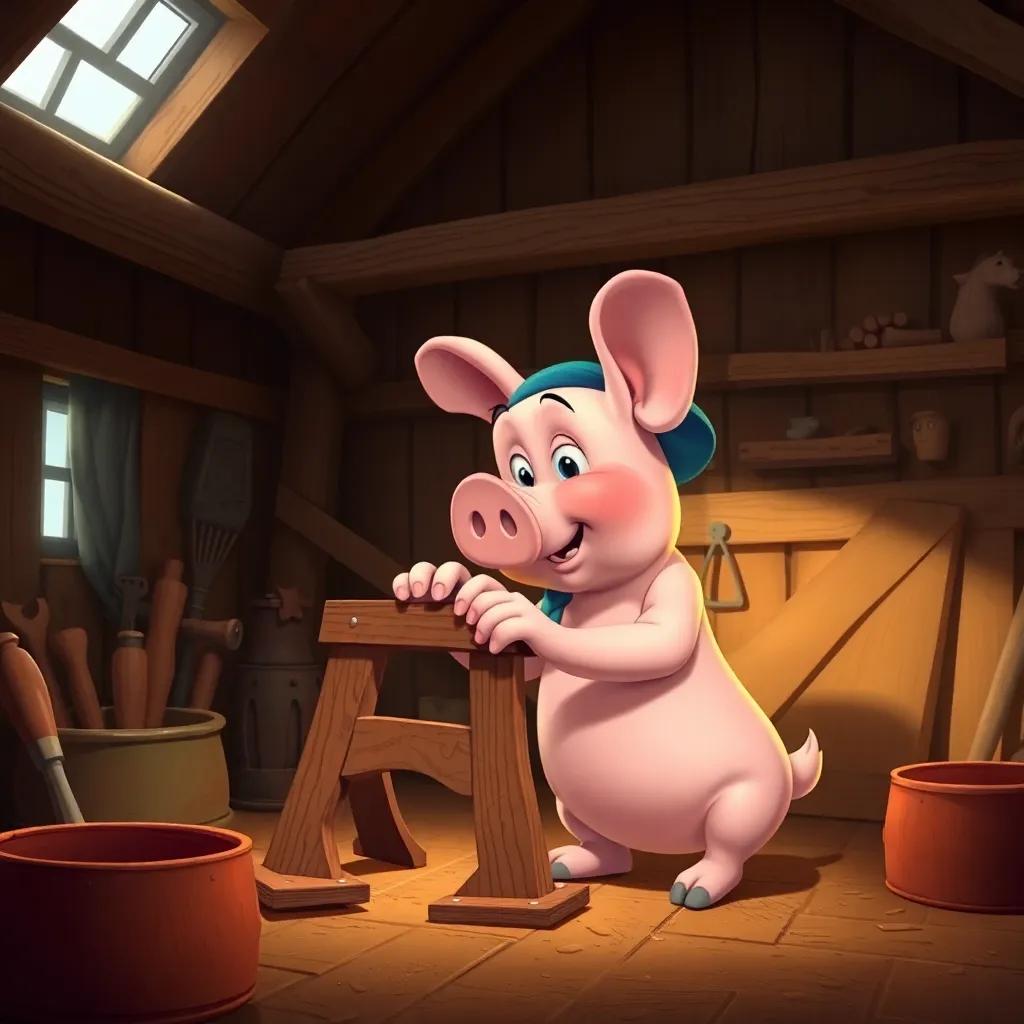 A creative pig, Donald, building a wooden stand in a cozy barn with tools around him, focused and determined, digital art, warm colors, inviting atmosphere, high quality