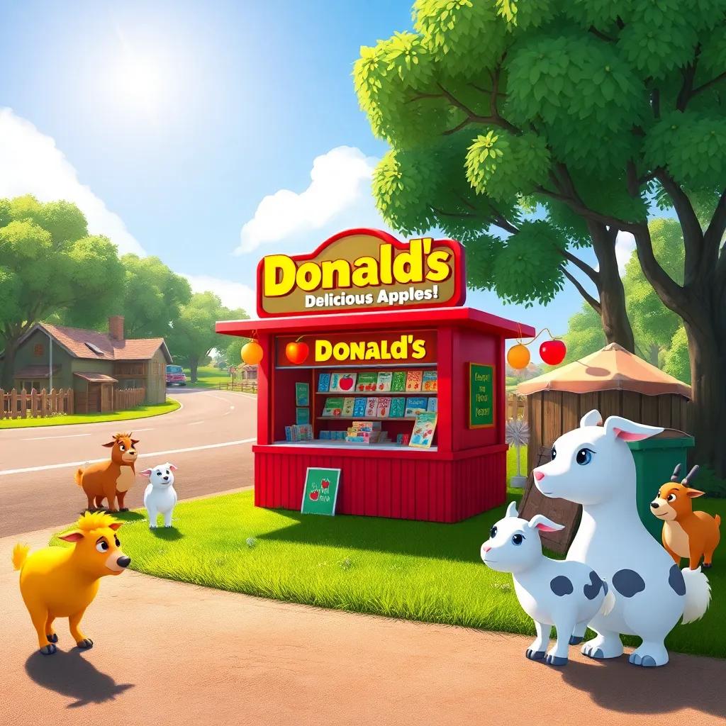 A bright red stand with a colorful sign that reads 'Donald’s Delicious Apples!', set up by the road under the sun, surrounded by curious animals, digital art, colorful, inviting atmosphere, high quality