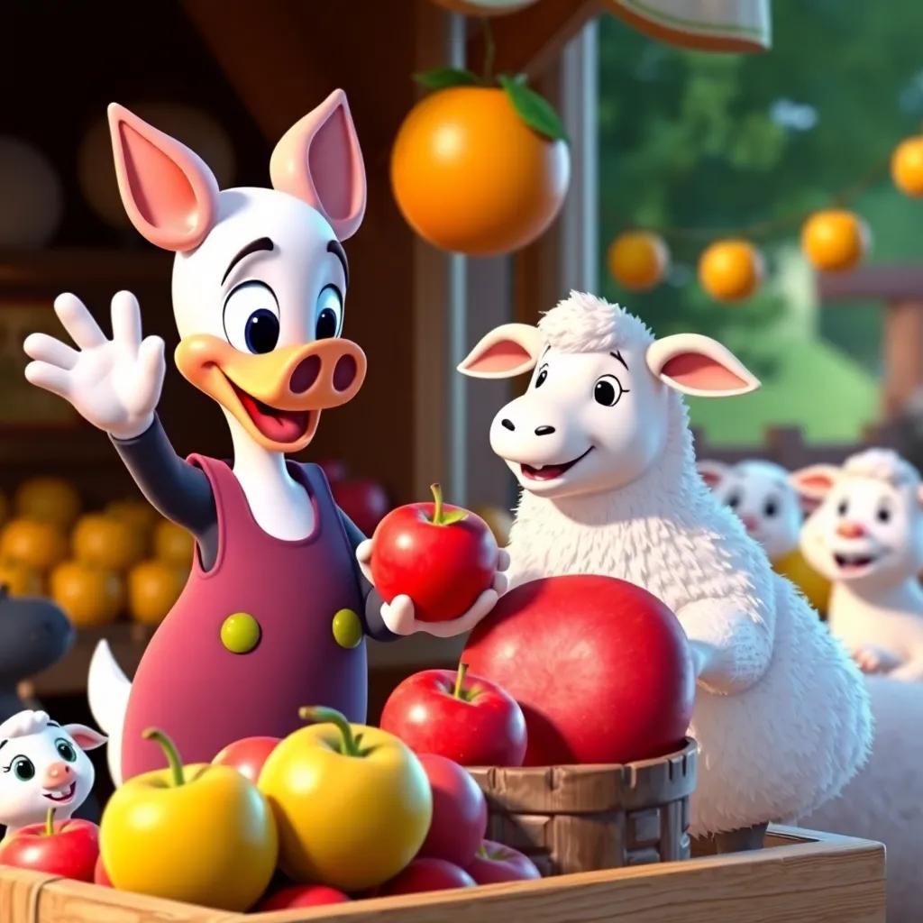 Donald the pig waving at a friendly sheep named Sally, who is choosing a big apple at his stand, with smiling animals around, digital art, cheerful colors, friendly atmosphere, high quality