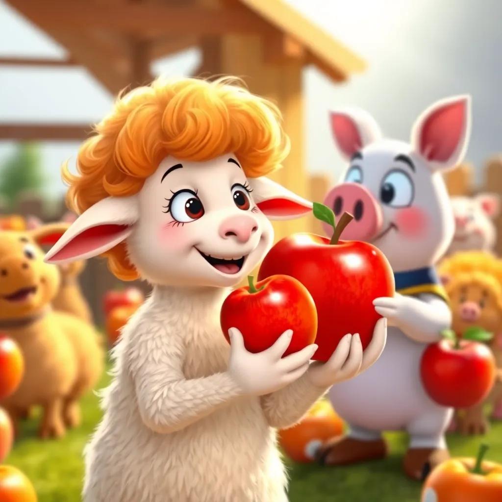 Sally the sheep holding a big shiny apple, looking happy to buy from Donald the pig, with other animals in the background also looking at apples, digital art, cheerful, warm colors, high quality