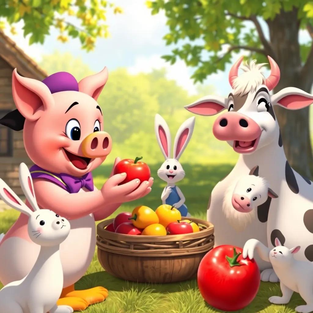 A happy scene with Donald the pig serving apples to various animals like Benny the bunny and Clara the cow, all enjoying the sunny day, digital art, lively, colorful, high quality