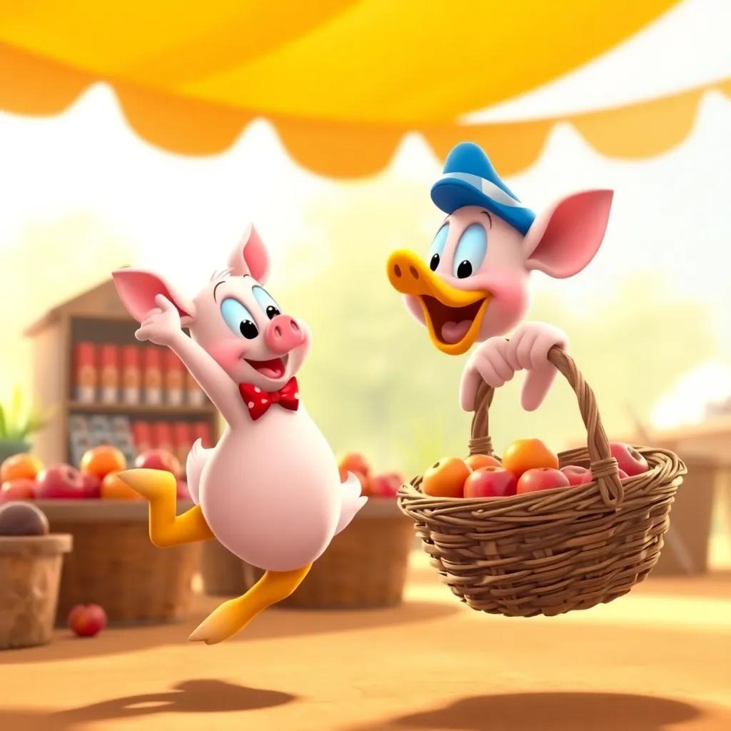 Donald the pig jumping with joy, looking at his empty basket after selling all his apples, feeling proud in a bright and sunny environment, digital art, vibrant, joyful atmosphere, high quality
