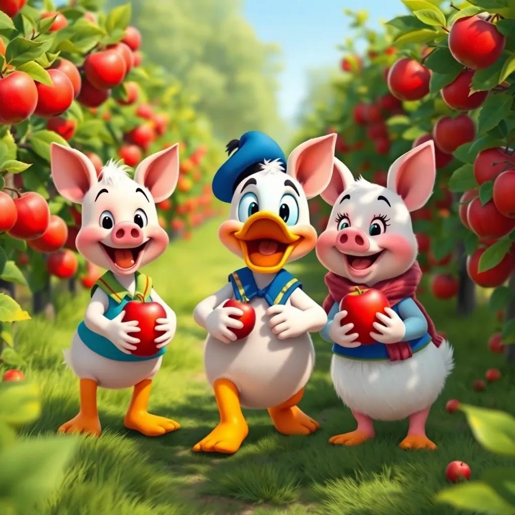 Donald the pig returning to the orchard with friends, all picking apples together, smiling and having fun in a beautiful apple orchard, digital art, bright colors, friendly, engaging atmosphere, high quality