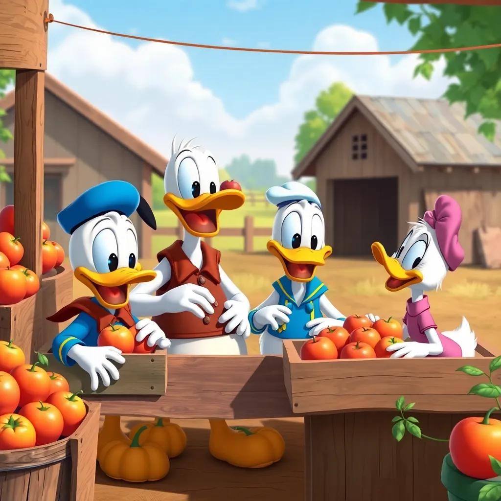 Donald and his friends happily working together selling apples from their stand, laughing and enjoying each other's company in a friendly farm setting, digital art, colorful, cheerful atmosphere, high quality