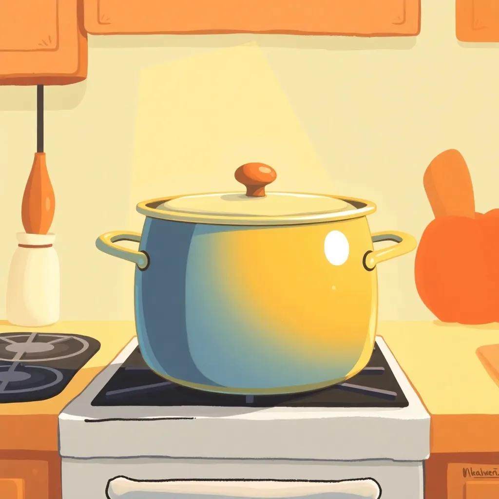 A big shiny pot on a stove with a little dot on top, warm colors, warm light, cozy kitchen scene, inviting atmosphere, sunny