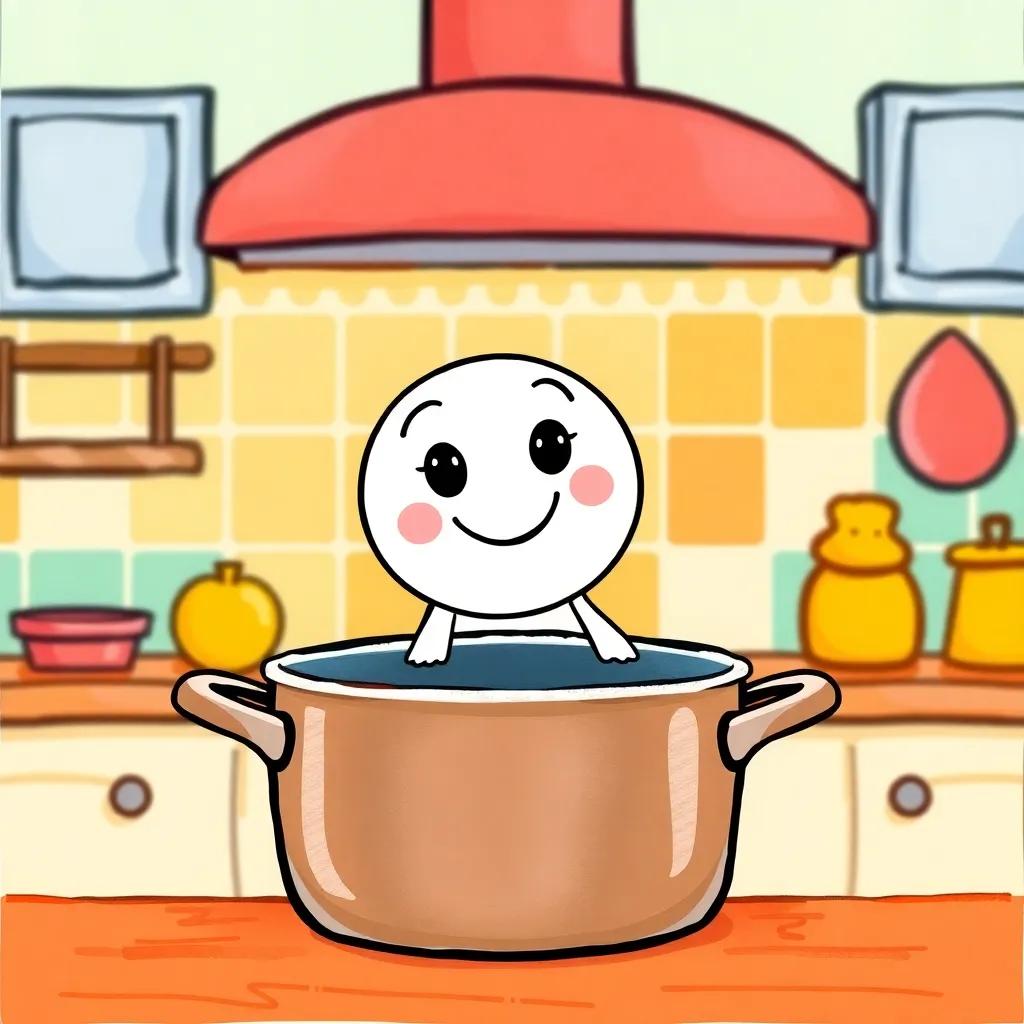 Dot, the happy dot, looking around the top of the pot with curious eyes, colorful kitchen background, bright colors, child-friendly, fun